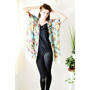 Tunic Top Women One Size Sheer Multicolor Excellent Abstract Boho Chiffon